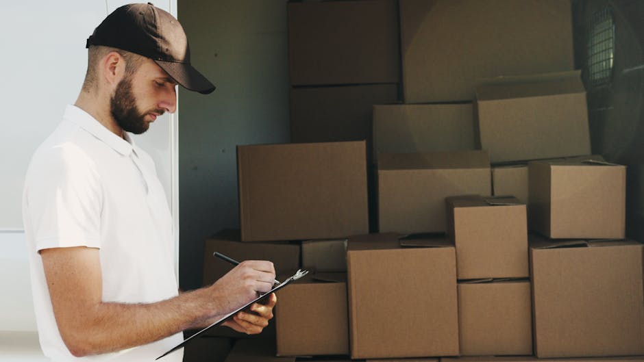 A man with a beard and dark cap dressed in a white polo shirt is inside a property, standing next to a stack of sealed cardboard boxes of various sizes. He is holding a clipboard and writing, focusing on the packing and organization process. The boxes are arranged on a flat surface, possibly a table or the floor, and some are stacked against a wall, indicating preparations for home relocation or furniture transport. The environment is well-lit with natural light, and the scene captures the meticulous planning associated with professional removals, as seen with the attention to packing materials and the presence of the boxes. This visual aligns with the services offered by Removals Earls Court, emphasizing careful packing and moving logistics for house removals.